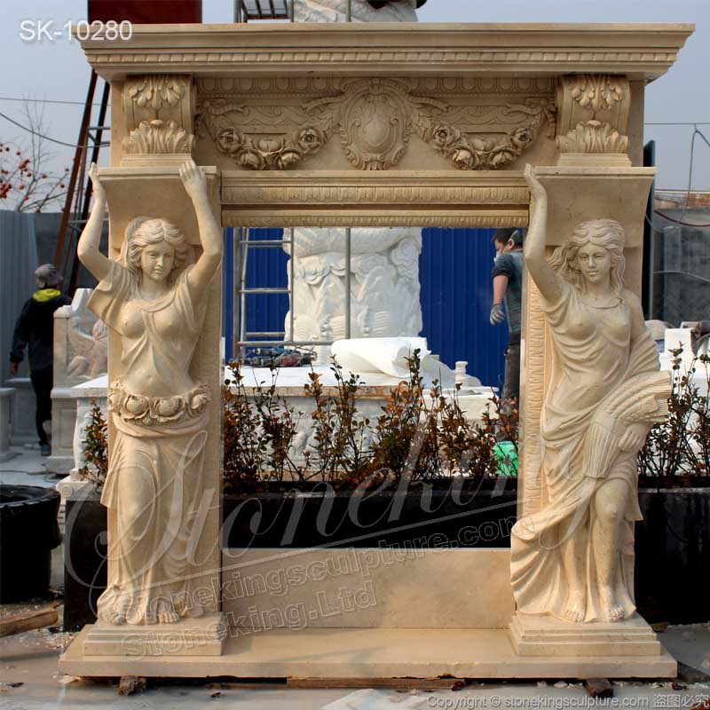 High Quality Caryatid Yellow Travertine Natural Stone Fireplace Surround Ideas Manufacturer