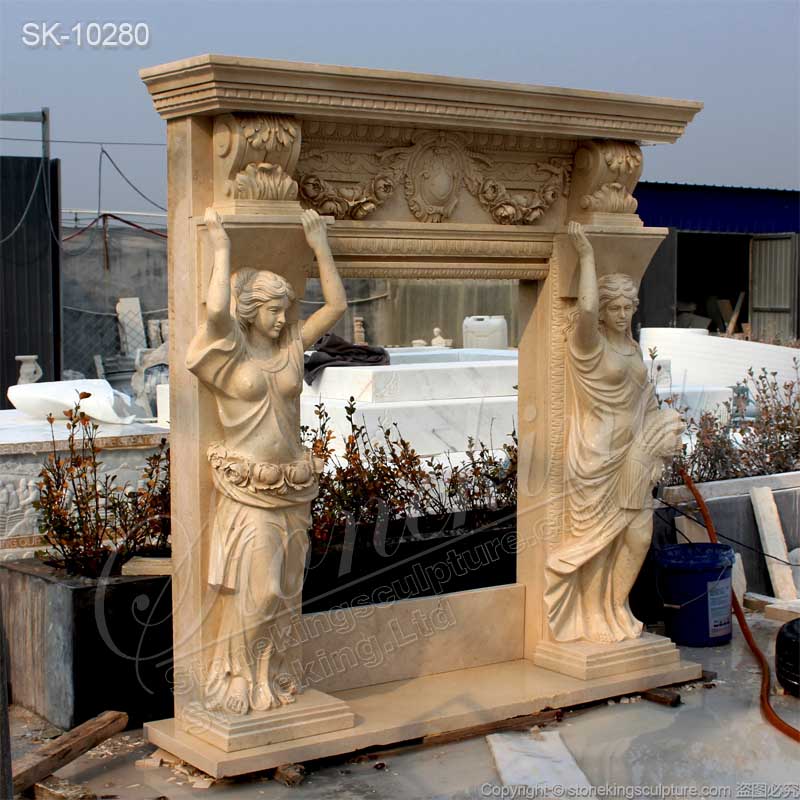 High Quality Caryatid Yellow Travertine Natural Stone Fireplace Surround Ideas Manufacturer