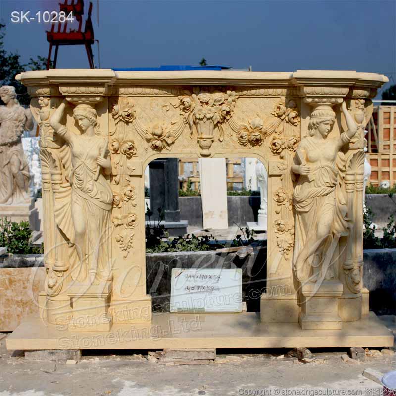 Factory Price Natural Egyptian Beige Marble Majestic Fireplace Mantel Surround with Woman sculptures