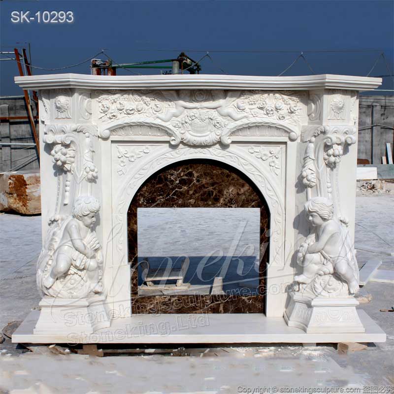 Factory Supplier Hand Carved Natural White Marble European Style Home Fireplace with Cherubim for sale 