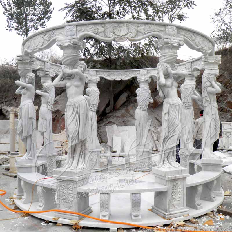 Outdoor Landscaping Hand Carved Marble Large Garden Gazebo with Female Statues for sale 