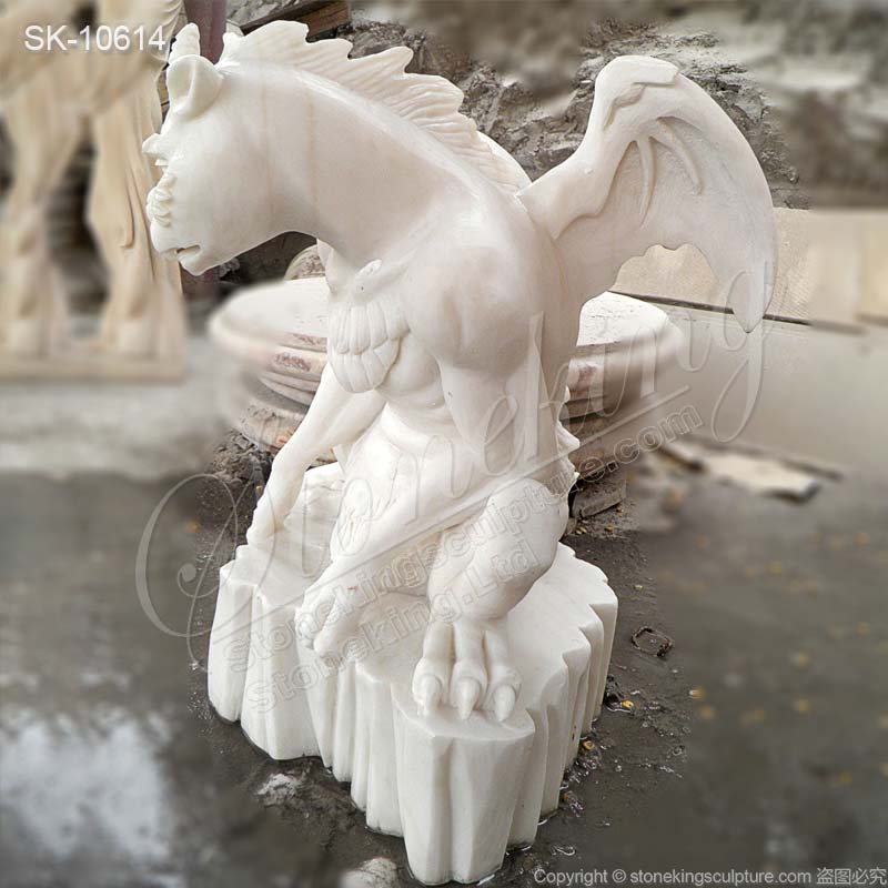 Hand Carved White Marble Outdoor Gargoyle Statue for Garden or Home Decor for sale 