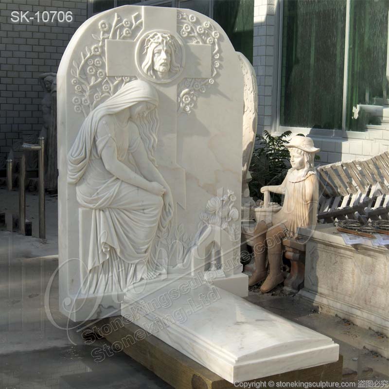 Hand Carved White Marble Headstone with Jesus and Cross for Gravesite for sale 