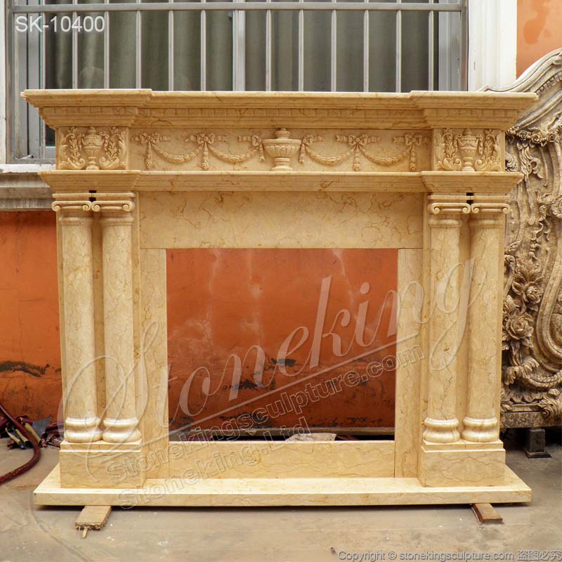 Manufacturer Egyptian Beige Marble Traditional Fireplace Mantel Decor for Living Room for sale 