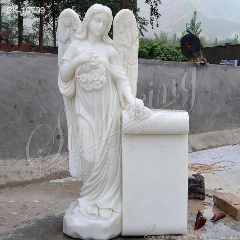 Factory Price Handcrafted White Marble Headstone with Angel Statue for Grave for sale 