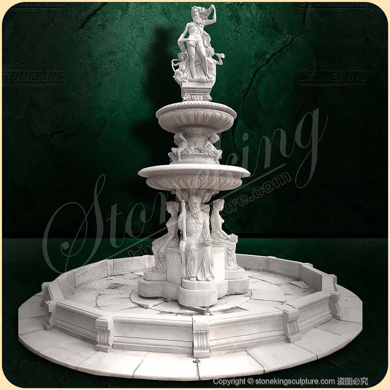 Large Tiered White Marble Neptune fountain with carved children and statues for sale SK-10171