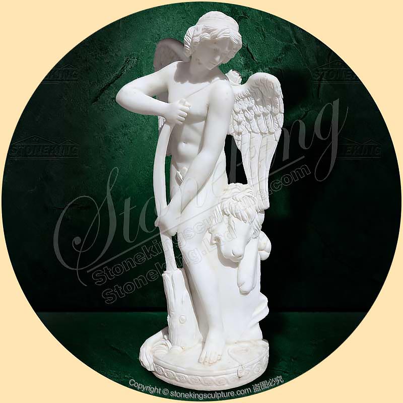 Marble Garden Angel Statue of Cupid Carving his Bow from the Club of Hercules for outdoor decor SK-10120