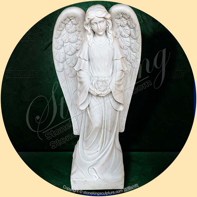 Life Size Memorial Marble Angel Statue Holding flower for Outdoor Garden Home Decor for sale SK-10011