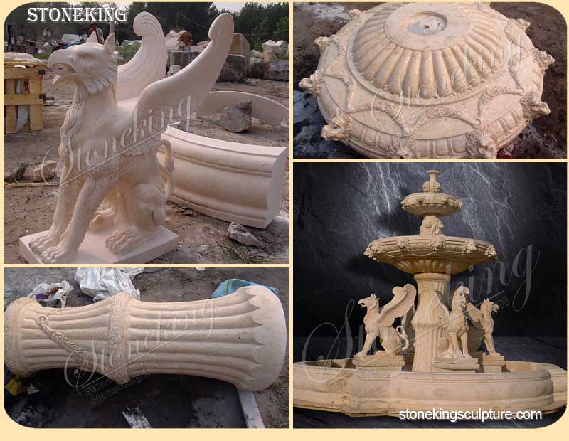 Best Outdoor Egyptian Beige Marble Water Fountain with Griffins Manufacturer SK-10176