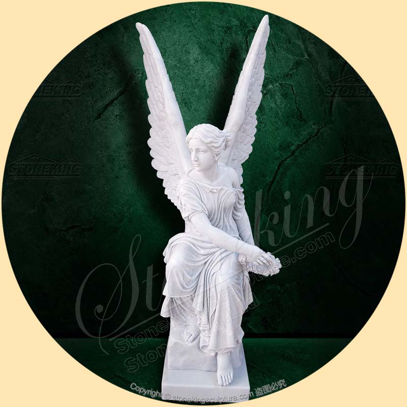 Marble Memorial Garden Angel Statue holding Wreath for outdoor home decor or cemetery or graves SK-10087