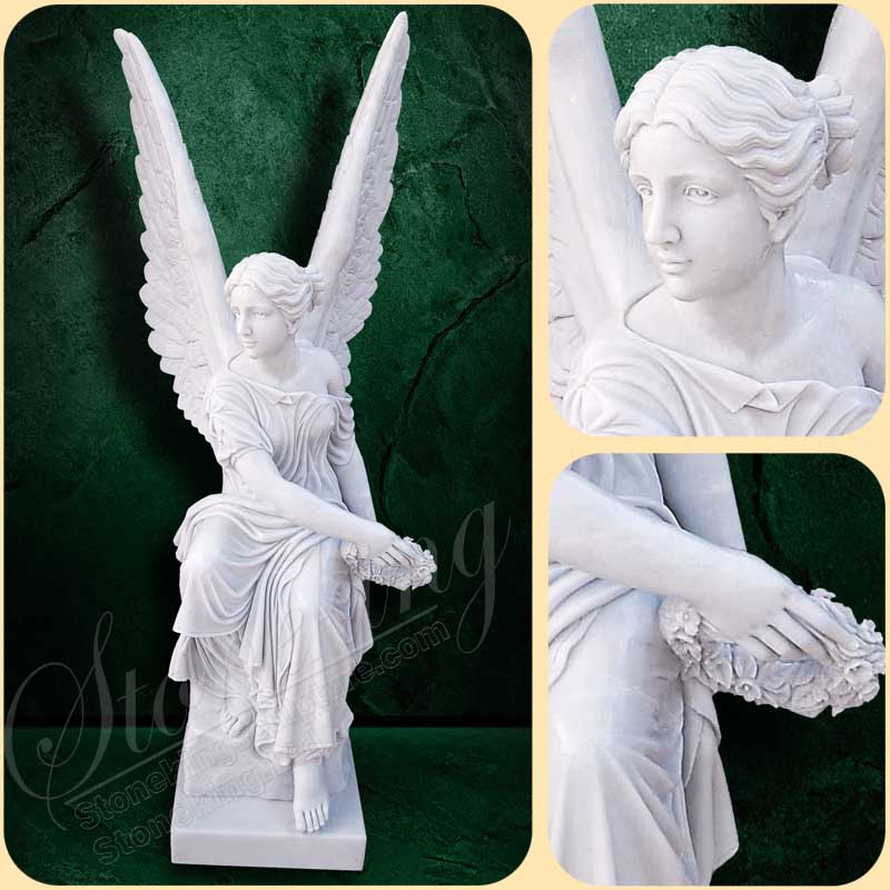 Marble Memorial Garden Angel Statue holding Wreath for outdoor home decor or cemetery or graves SK-10087