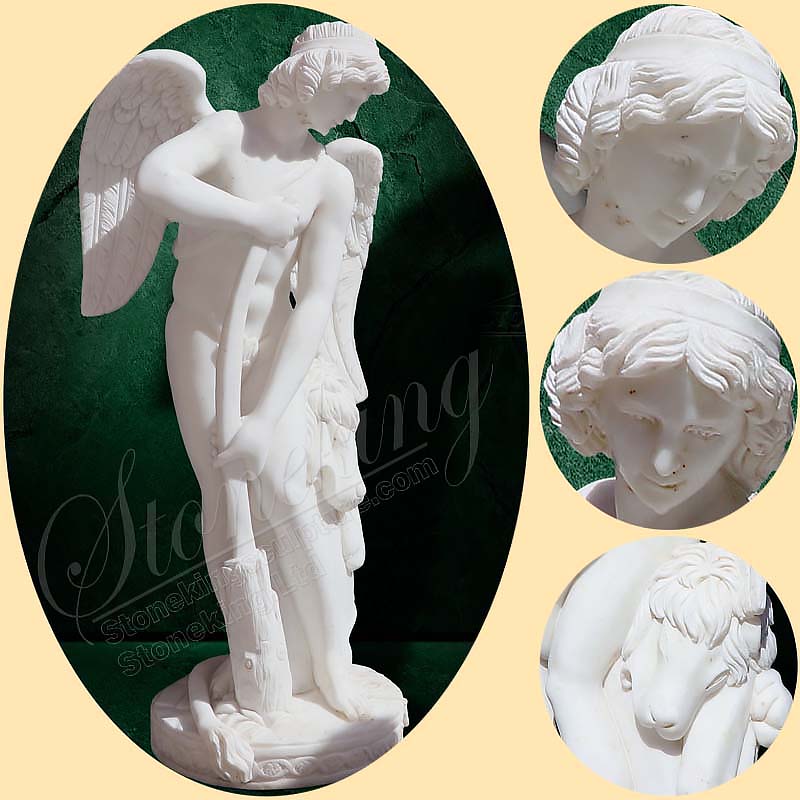 Marble Garden Angel Statue of Cupid Carving his Bow from the Club of Hercules for outdoor decor SK-10120