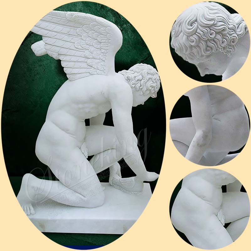 Life Size Marble Nude Male Garden Angel Statue Kneeling with a bird for Outdoor Ornaments for sale SK-10061