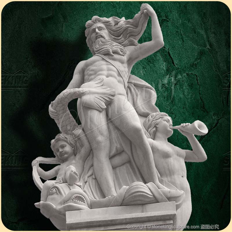 Large Tiered White Marble Neptune fountain with carved children and statues for sale