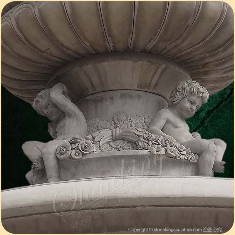 Large Tiered White Marble Neptune fountain with carved children and statues for sale