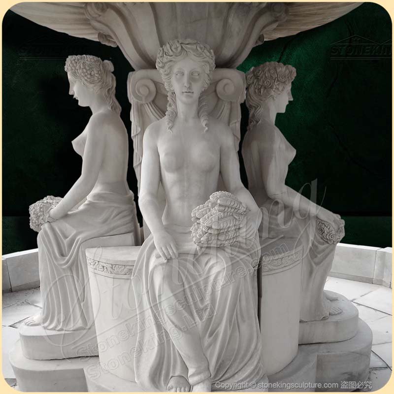 Large Tiered White Marble Neptune fountain with carved children and statues for sale