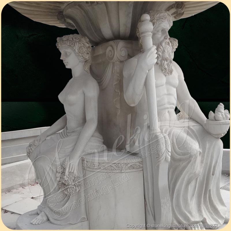 Large Tiered White Marble Neptune fountain with carved children and statues for sale