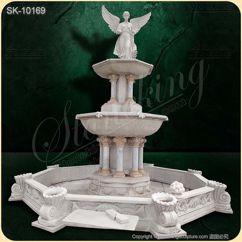 Marble Outdoor Garden Angel Water Feature Fountain with carved pillars for yard decor