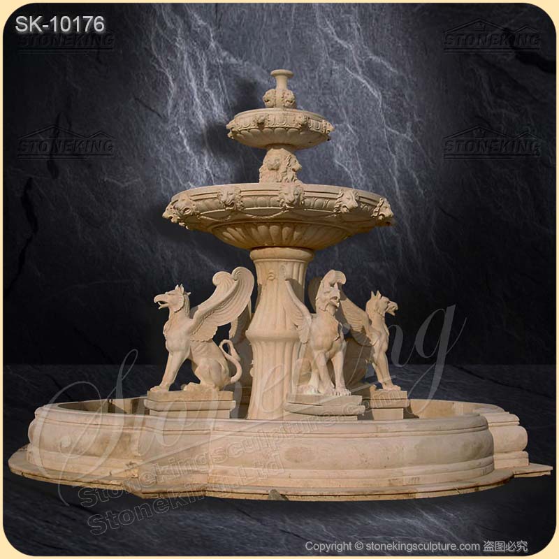 Best Outdoor Egyptian Beige Marble Water Fountain with Griffins and Lion heads Manufacturer