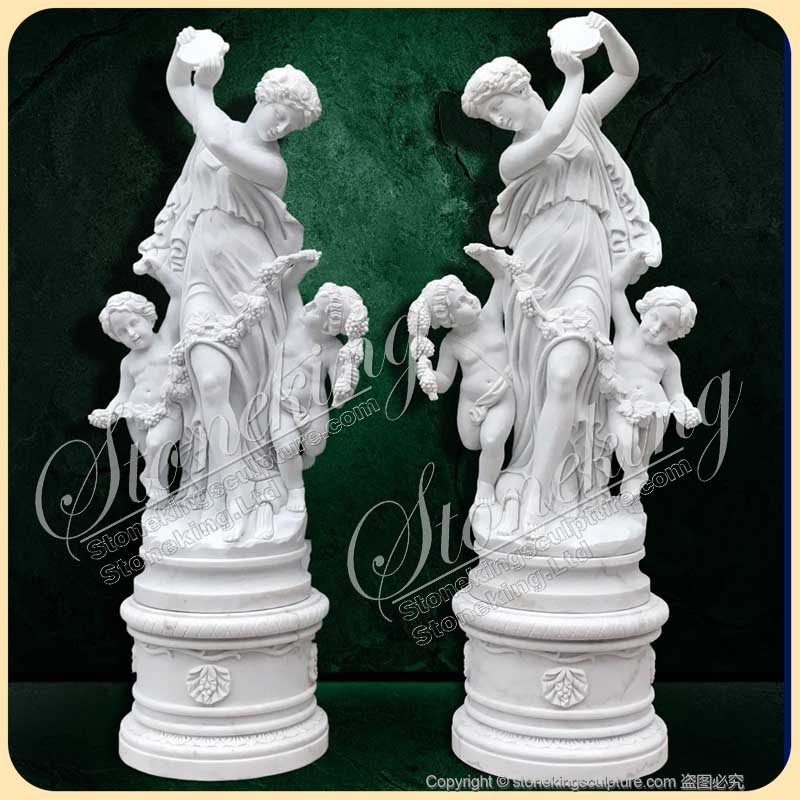 Marble Bacchante Statue with Two Children in Pair-Stoneking Sculpture