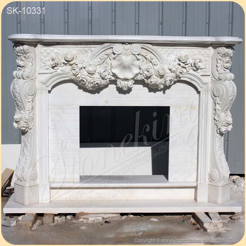 Top Selling Hand Carved French Marble Fireplace Surround Designs with Rose Garlands for Living room