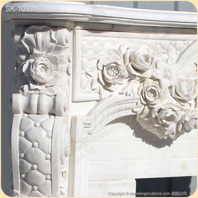 Top Selling Hand Carved French Marble Fireplace Surround Designs with Rose Garlands for Living room