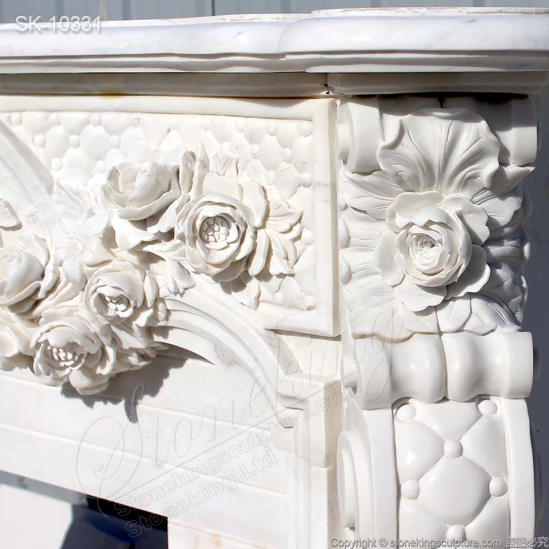 Top Selling Hand Carved French Marble Fireplace Surround Designs with Rose Garlands for Living room