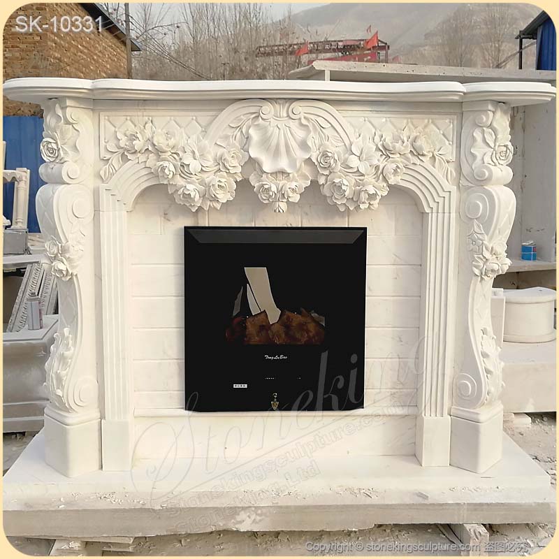 Top Selling Hand Carved French Marble Fireplace Surround Designs with Rose Garlands for Living room