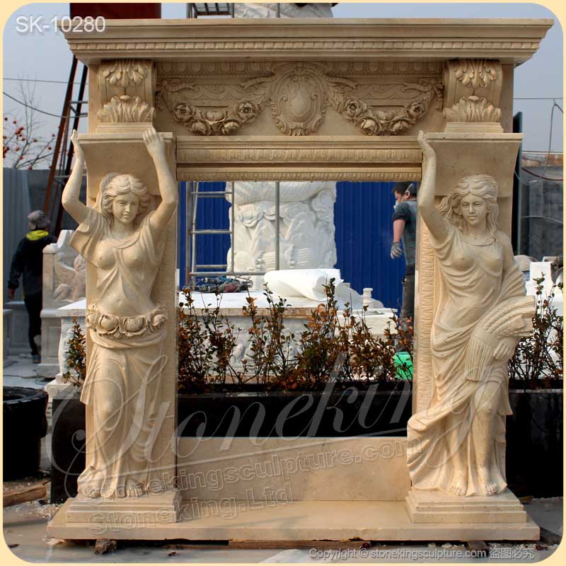 High Quality Caryatid Yellow Travertine Natural Stone Fireplace Surround Ideas Manufacturer