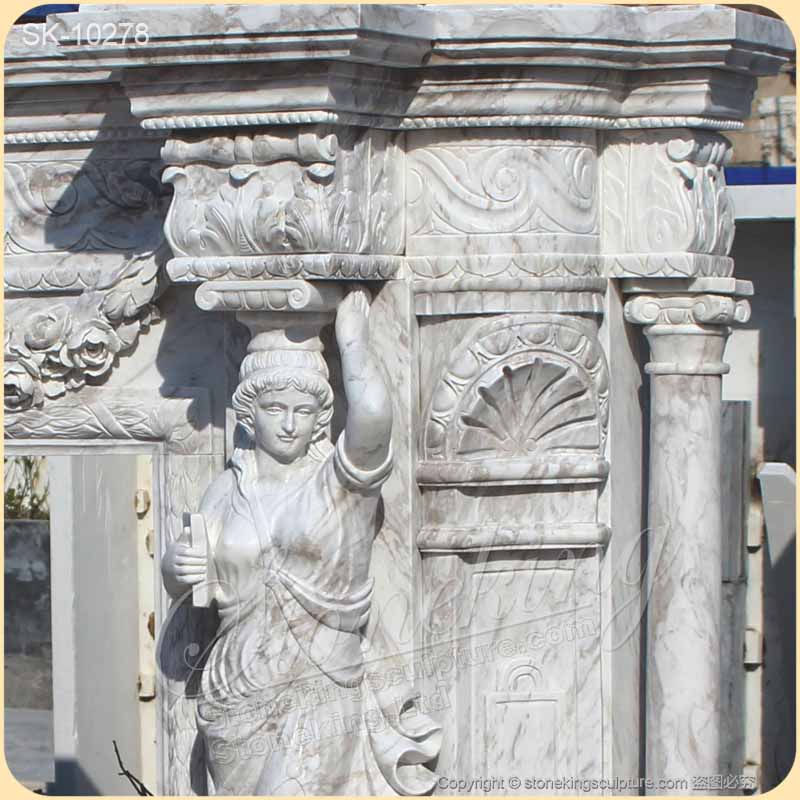 Custom Volokas White Marble Fireplace Mantel Ideas with Caryatid for Interior decoration of factory supply