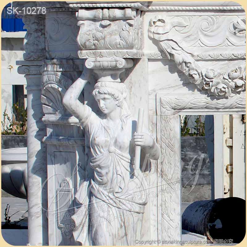 Custom Volokas White Marble Fireplace Mantel Ideas with Caryatid for Interior decoration of factory supply