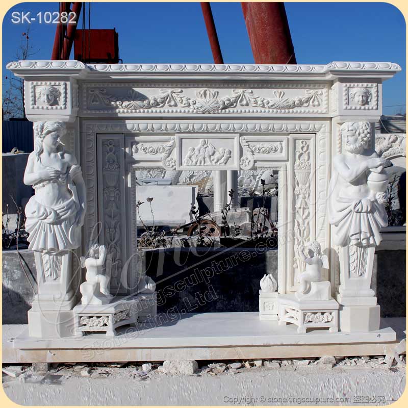 hina Supplier Hand Carved Natural White Marble Fireplace Mantel with Greek Statues and Cherubs