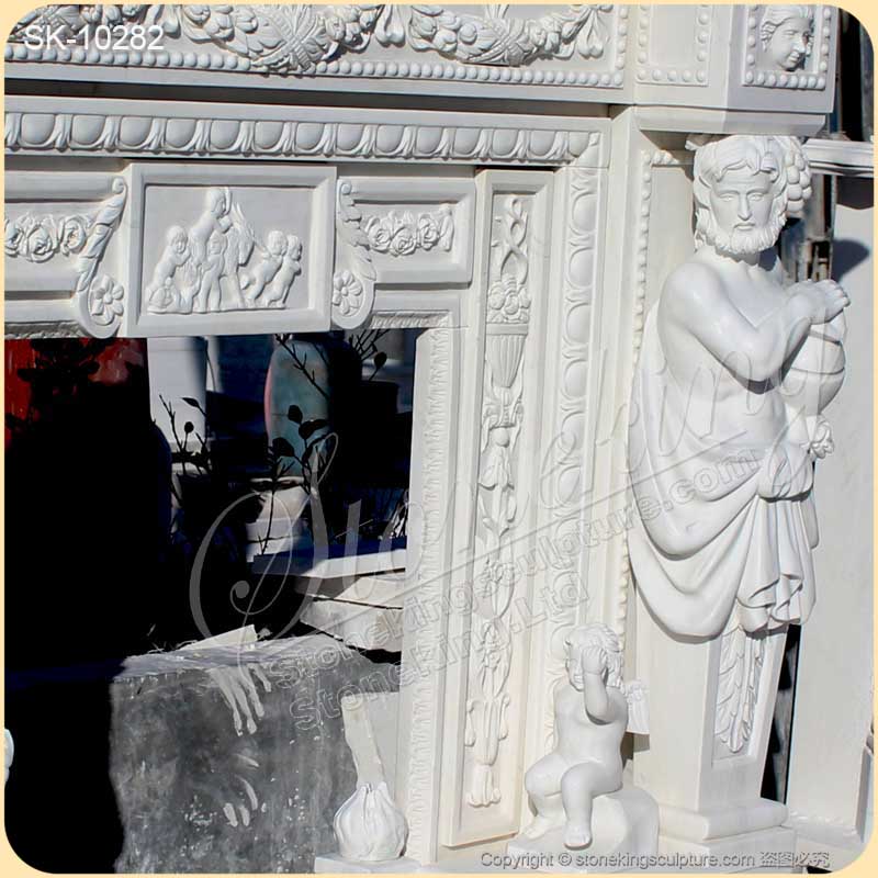 hina Supplier Hand Carved Natural White Marble Fireplace Mantel with Greek Statues and Cherubs