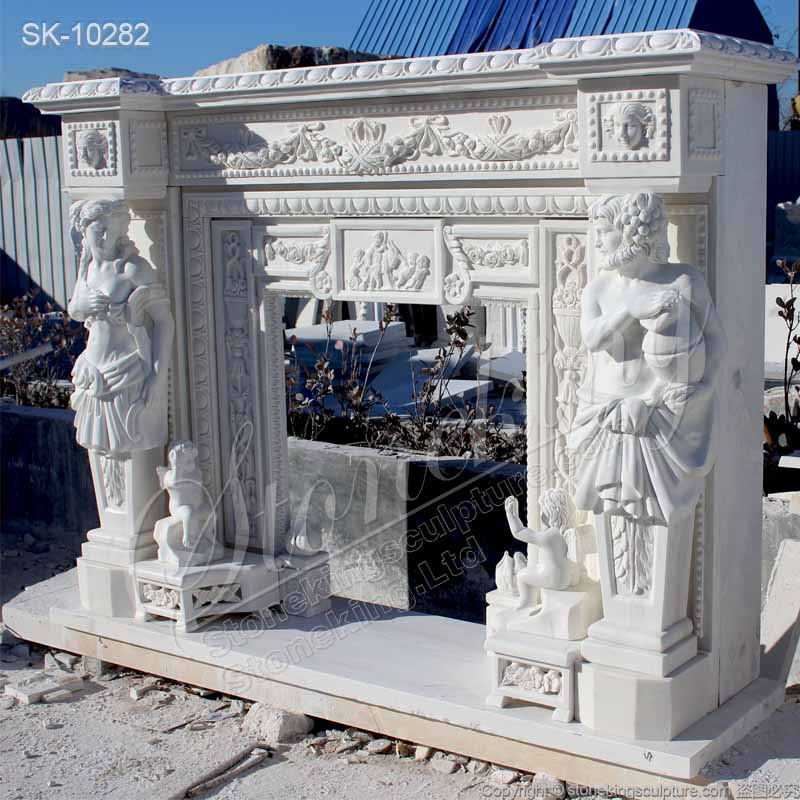 hina Supplier Hand Carved Natural White Marble Fireplace Mantel with Greek Statues and Cherubs