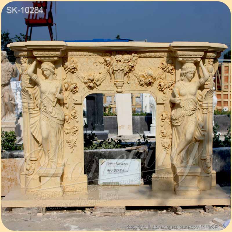 Factory Price Natural Egyptian Beige Marble Majestic Fireplace Mantel Surround with Woman sculptures