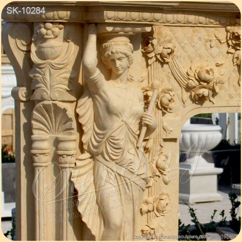 Factory Price Natural Egyptian Beige Marble Majestic Fireplace Mantel Surround with Woman sculptures