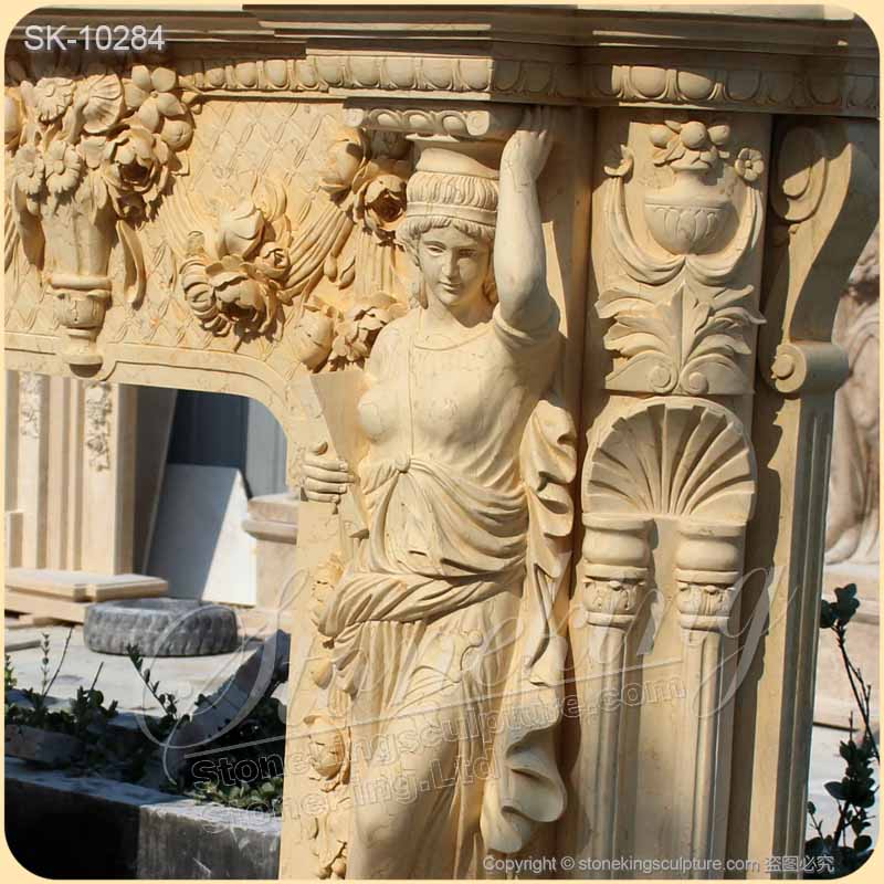 Factory Price Natural Egyptian Beige Marble Majestic Fireplace Mantel Surround with Woman sculptures