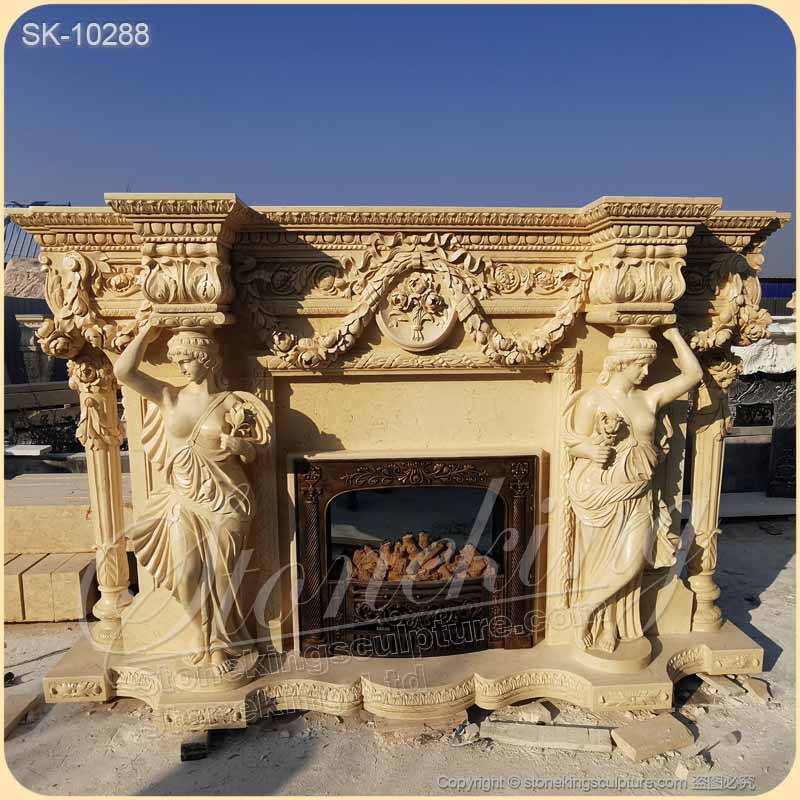 Beautiful Egyptian Beige Marble Luxury Fireplace Mantel Designs with Female Statues and Garland for sale