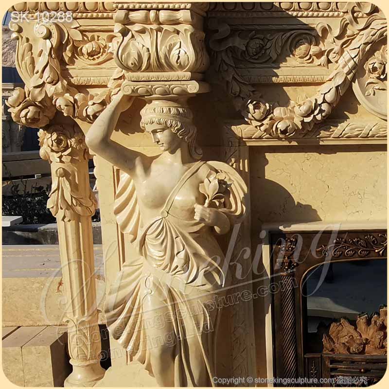 Beautiful Egyptian Beige Marble Luxury Fireplace Mantel Designs with Female Statues and Garland for sale