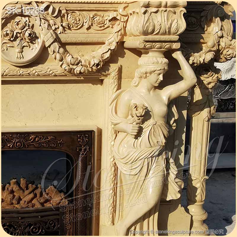 Beautiful Egyptian Beige Marble Luxury Fireplace Mantel Designs with Female Statues and Garland for sale