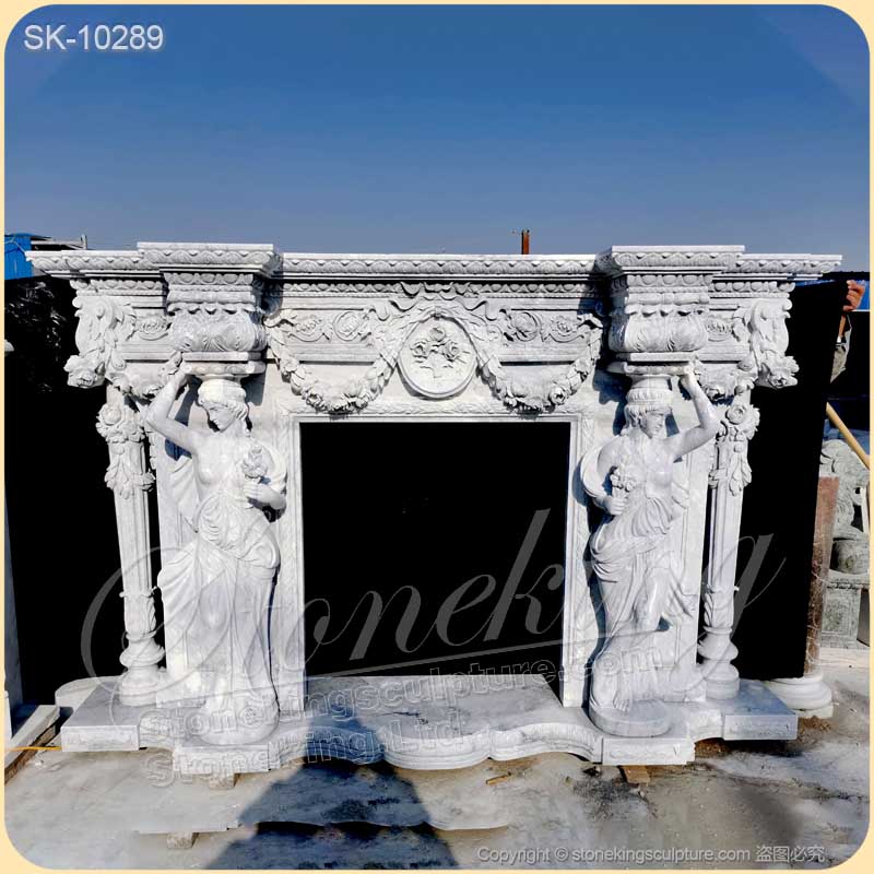 Top Selling Handcrafted Marble Classic Fireplace Surround Designs with Grecian Sculptures and columns