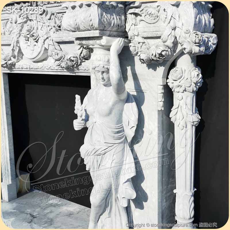 Top Selling Handcrafted Marble Classic Fireplace Surround Designs with Grecian Sculptures and columns