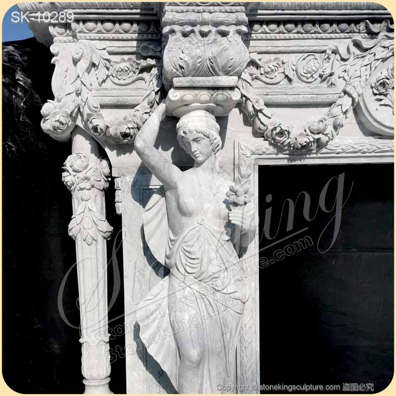 Top Selling Handcrafted Marble Classic Fireplace Surround Designs with Grecian Sculptures and columns