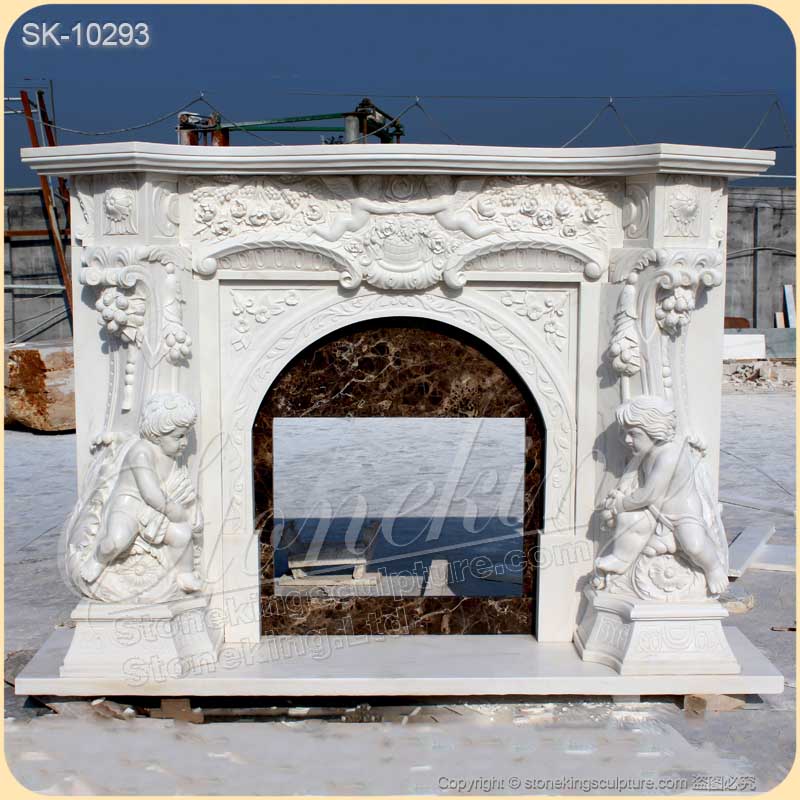 Factory Supplier Hand Carved Natural White Marble European Style Home Fireplace with Cherubim for sale