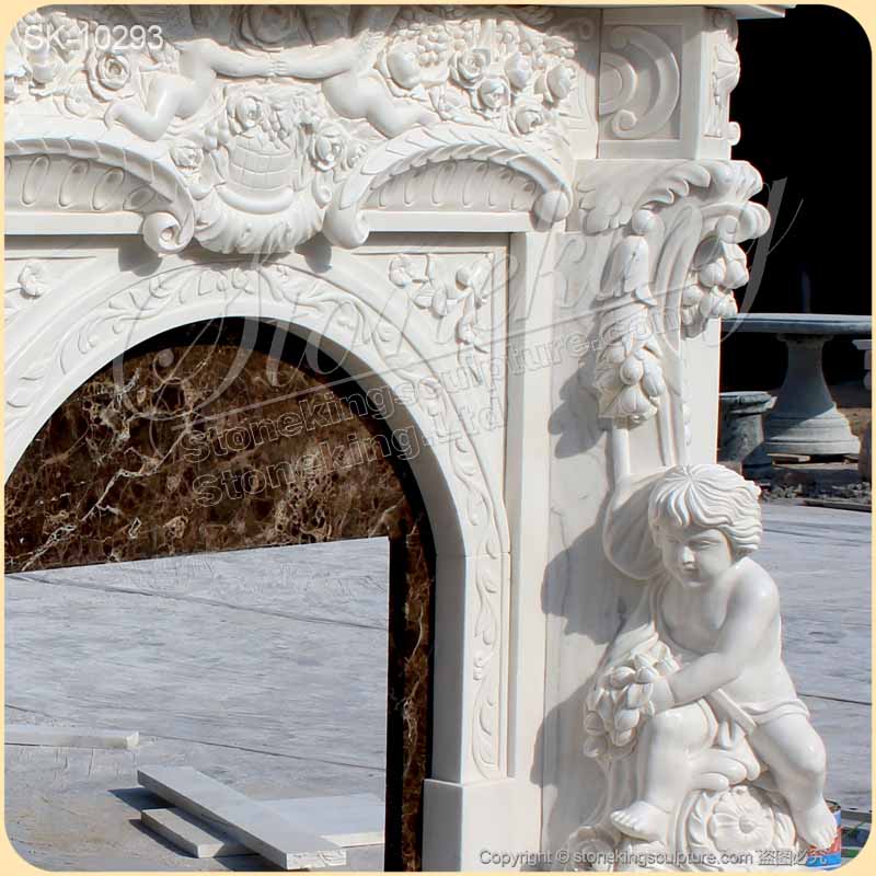 Factory Supplier Hand Carved Natural White Marble European Style Home Fireplace with Cherubim for sale