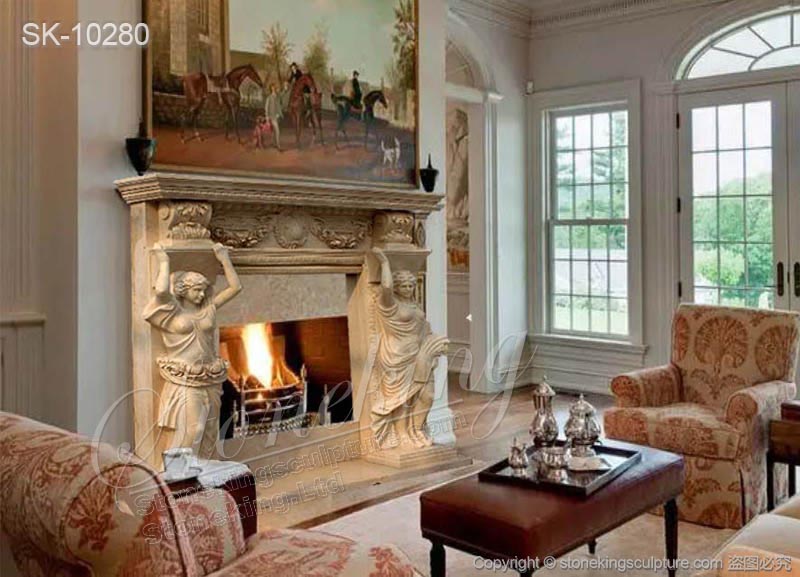 High Quality Caryatid Yellow Travertine Natural Stone Fireplace Surround Ideas Manufacturer