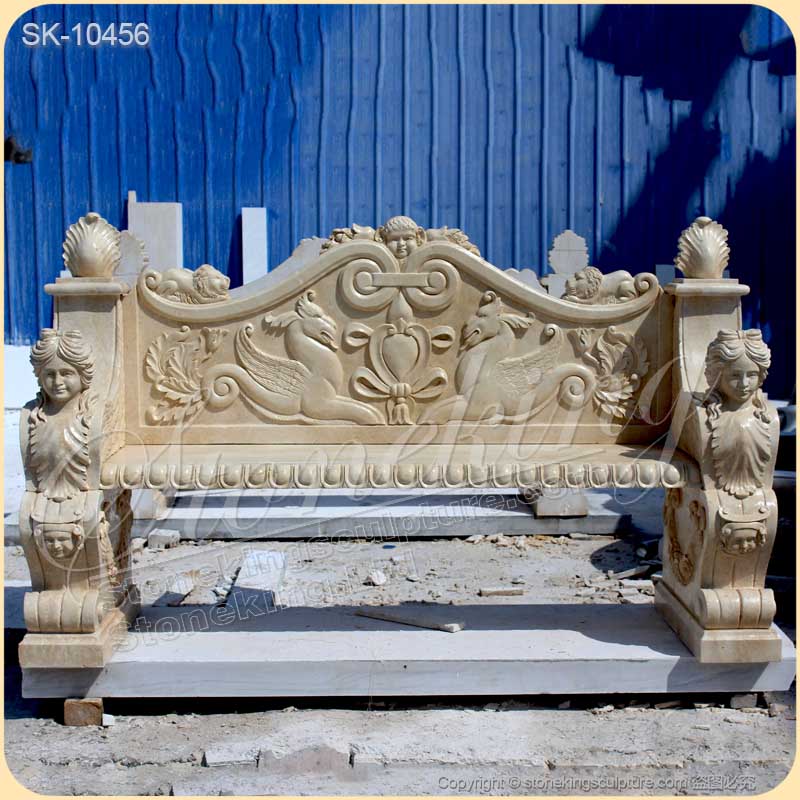 Beautiful Handcrafted Natural Beige Marble Bench for outdoor garden decoration and courtyard for sale