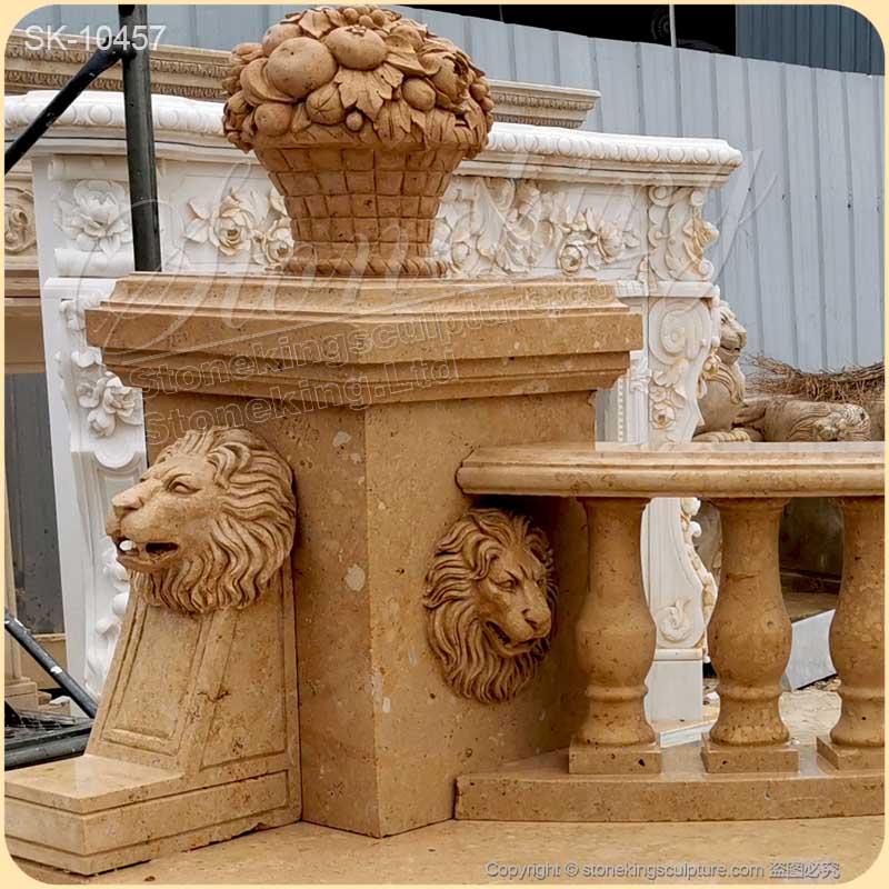 Outdoor Extra Long Natural Yellow Marble Semi Circle Bench with lion heads and balusters for sale