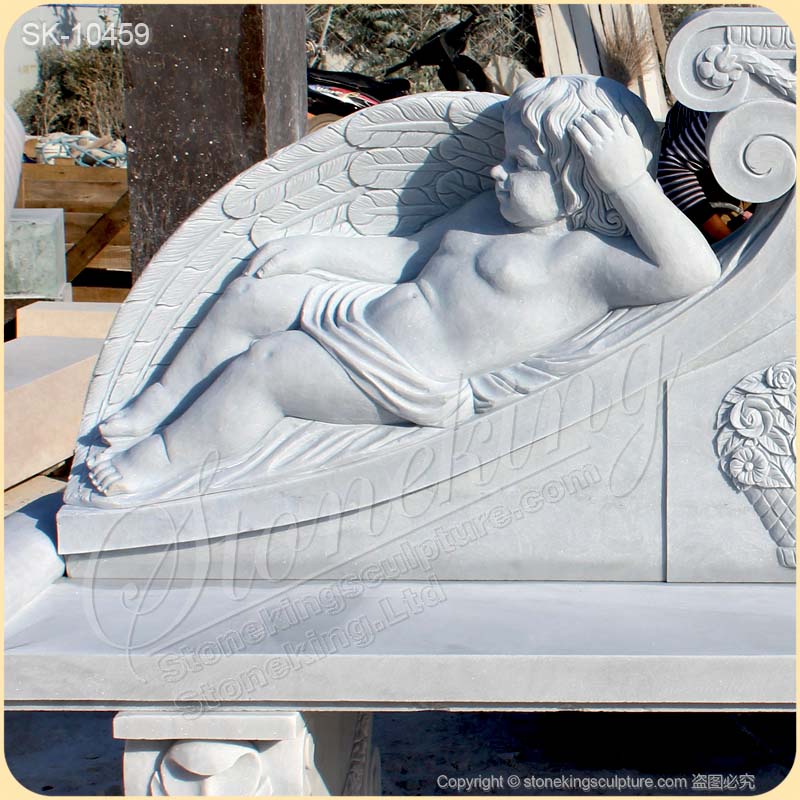 Manufacturer Natural White Marble Outdoor Park Bench Seat with Cherub Sculptures for sale