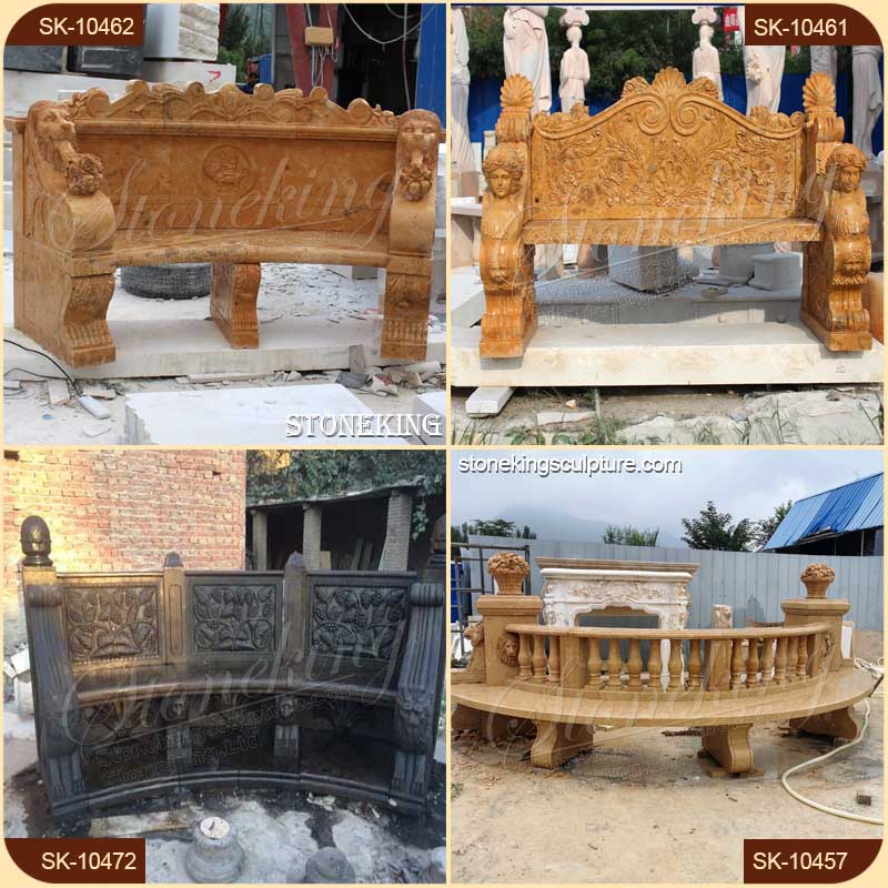 Hot Selling Natural Travertine Stone Outdoor Bench with Winged Lions for garden and home decoration